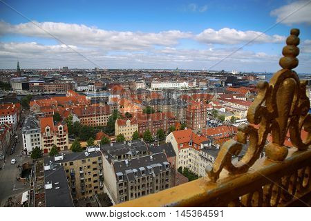 Panoramic view of Copenhagen from church Vor Frelsers Kirke in Copenhagen Denmark