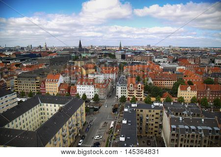Panoramic view of Copenhagen from church Vor Frelsers Kirke in Copenhagen Denmark