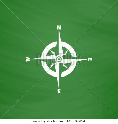 Compass Simple line vector button. Imitation draw with white chalk on blackboard. Flat Pictogram and School board background. Outine illustration icon