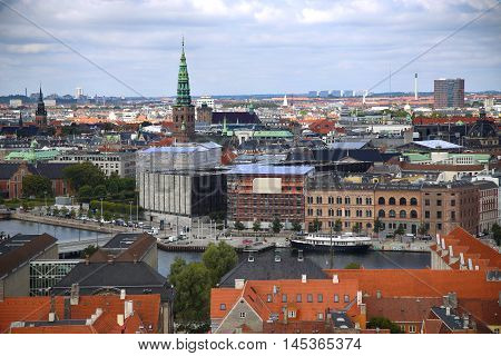 Panoramic view of Copenhagen from church Vor Frelsers Kirke in Copenhagen Denmark