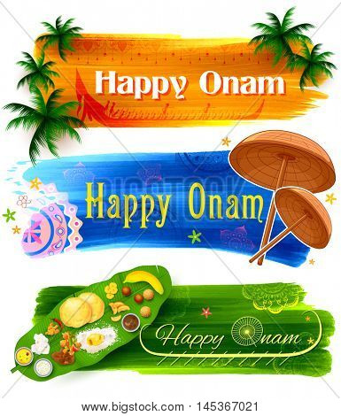 illustration of Happy Onam banner with traditional palm leaf umbrella and Sadya