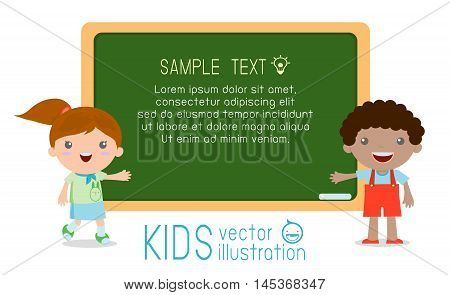 vector illustration of kids standing in front a blackboard