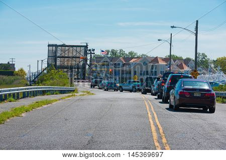 Manasquan NJ US -- September 2, 2016. Traffic backs up when the Glimmer Glass drawbridge is up. Editorial Use Only.