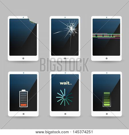 Broken mobile phones with problem. Cracked screen damaged phones softwear problem and weaked battery. Vector illustration.