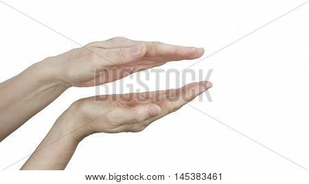 Parallel Healing Hands on white background - female hands with palms facing parallel isolated on a white  background
