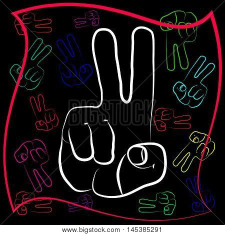 The gesture of the hand with outstretched with two fingers. Symbol gesture victory in different design and color scheme.