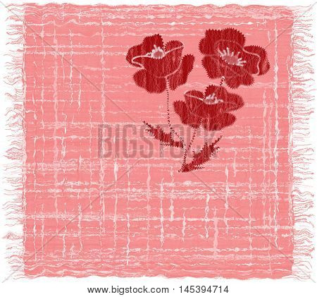 Pink grunge striped weave rectangular serviette with applique of red poppy and fringe