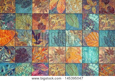 Old wall ceramic tiles patterns handcraft from thailand parks public.