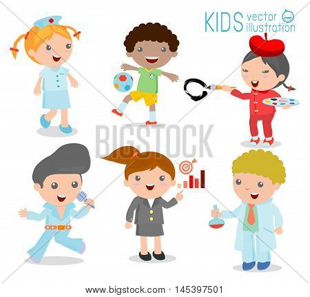 Children's dream jobs, professions in dream for kids, Happy children in work wear.