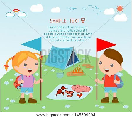 vector illustration of kids summer camp, Kids on a Camping Trip.
