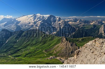 Dolomiti - aerial view of Pordoi pass and Marmolada mount from Sass Pordoi Trentino Italy