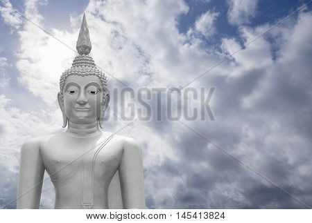 White Image Of Buddha With Blue Sky And Cloud In Background,  Light Effect Added , Prachuapkhirikhan