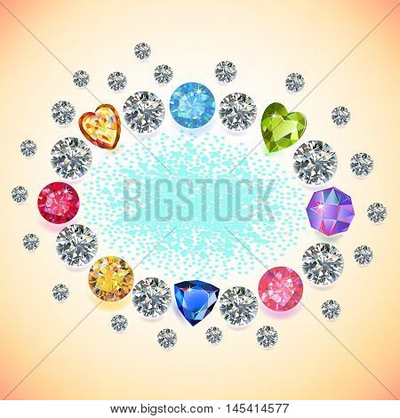 Colored gems oval frame isolated on light background vector illustration