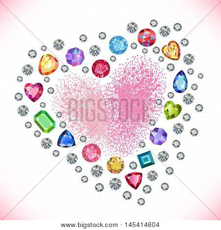 Colored gems heart shape frame isolated on light background vector illustration