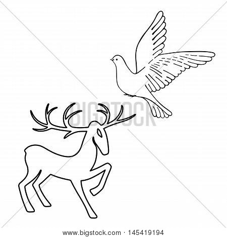 Outlined deer & soaring dove set silhouettes isolated on white background design for Xmas cards banners and flyers vector illustration isolated on white background