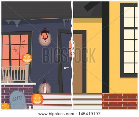 View of the entrance to the house before and after Halloween. Vector illustration