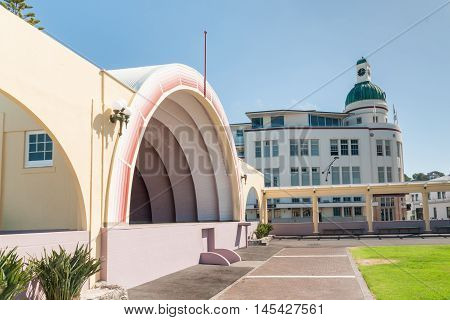 NAPIER, NEW ZEALAND - MARCH 8 2013: The Soundshell and The Dome on Marine Parade in the Art Deco City of Napier in New Zealand