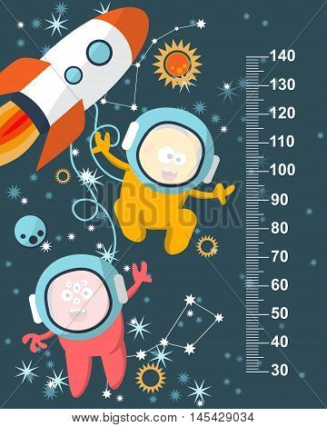 Funky Monsters With A Missile In Space Against The Background Of Stars. Stadiometer. Vector