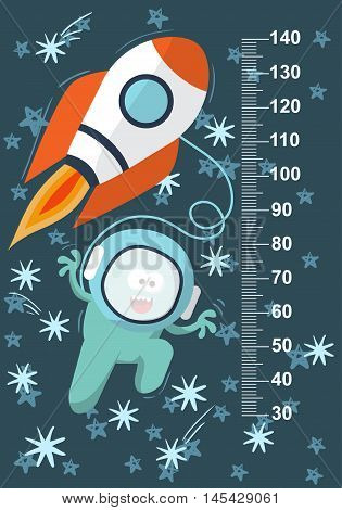 Funky Blue Monster With A Missile In Space Against The Background Of Stars. Stadiometer. Vector