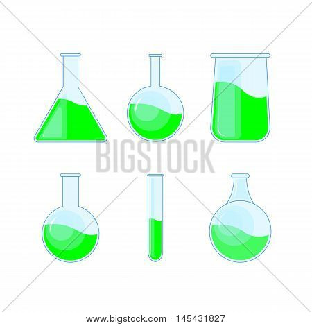 Set Chemical Flask. Erlenmeyer Flask, Distilling Flask, Volumetric Flask, Test Tube. Vector Illustra