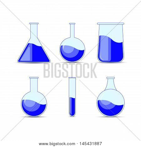Set Chemical Flask. Erlenmeyer Flask, Distilling Flask, Volumetric Flask, Test Tube. Vector Illustra