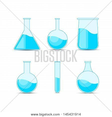 Set Chemical Flask. Erlenmeyer Flask, Distilling Flask, Volumetric Flask, Test Tube. Vector Illustra