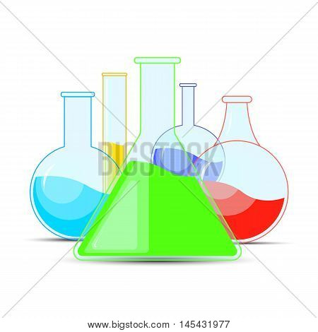 Set Chemical Flask. Erlenmeyer Flask, Distilling Flask, Volumetric Flask, Test Tube. Vector Illustra