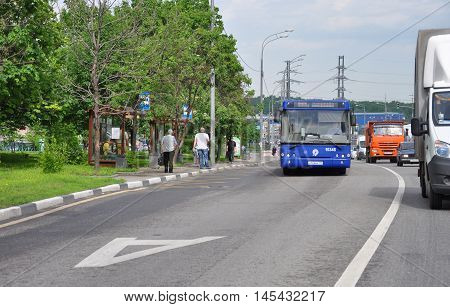 MOSCOW, RUSSIA - 05.29.2015 passenger bus traveling on road in a Mitino