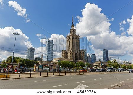 WARSAW POLAND - JUNE 11 2016: Palace of Culture and Science the tallest building in Poland with an overall height of 237 meters. It is a home to many companies and public institutions