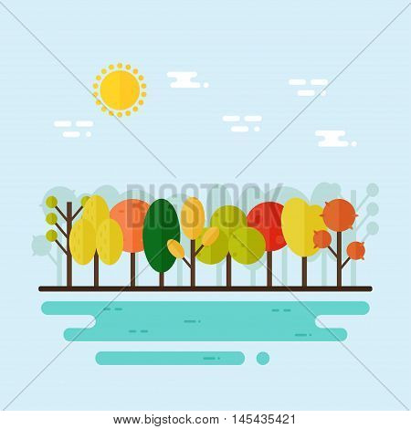 Autumn landscape. Autumn forest trees on blue background with river. Flat style vector illustration.