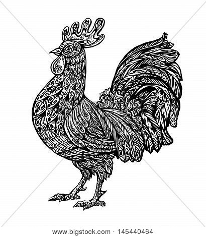 Hand drawn cockerel. Ethnic pattern. Vector illustration