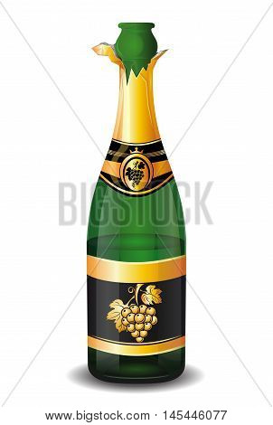 Uncorked a half-empty bottle of champagne with a picture of a bunch of grapes on the label. Vector illustration isolated on a white background