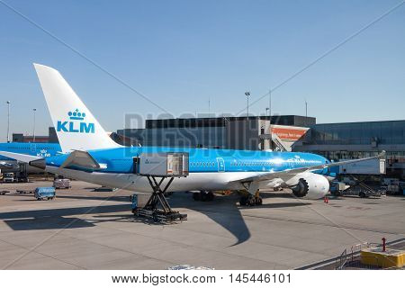Amsterdam, The Netherlands - August 31, 2016: KLM Boeing 747 parked at Amsterdam's Schiphol airport, KLM's home airport.