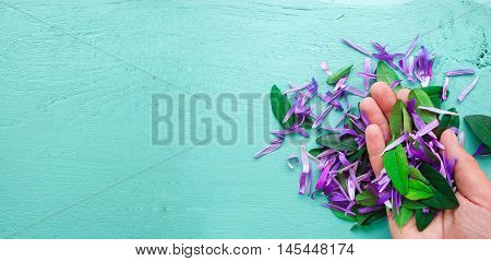 Flowers in hand, against a bright background.