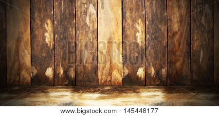 Wooden planks wet. Wet tree with golden shimmer.