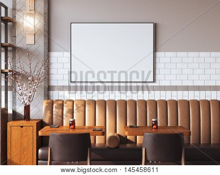 Bright restaurant interior with blank canvas on a wall. 3d rendering