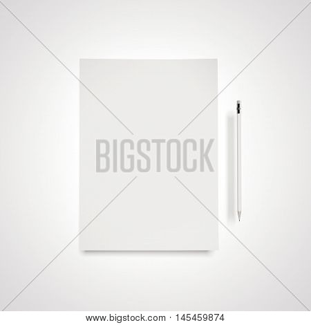 White paper sheet with penci in bright studiol. 3d rendering