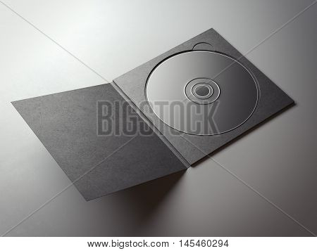 Blank black compact disk cover on gray floor. 3d rendering