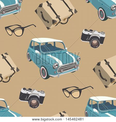 Travel pattern with car, camera, sunglasses Retro background