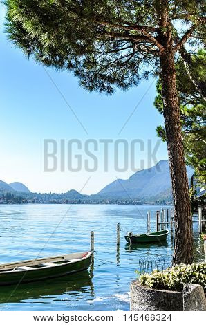 Vacation Summer Serene Lugano Lake Surrounded By Hills In Morcote, Switzerland