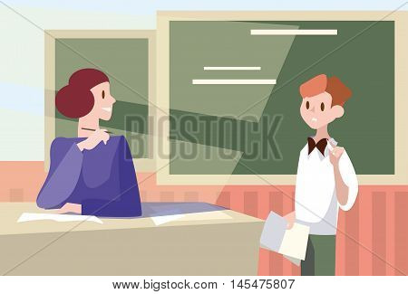 School Lesson Teacher Pupil Answer Near Chalkboard Flat Vector Illustration