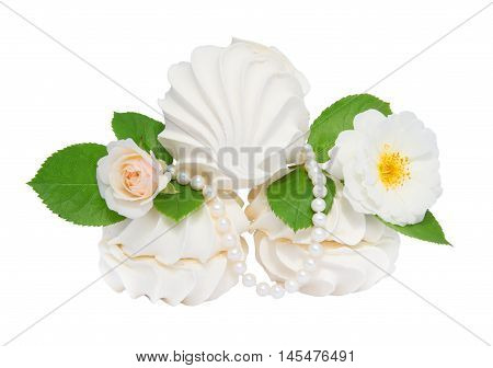 Marshmallows souffle isolated on white background. Decorated with flowers.