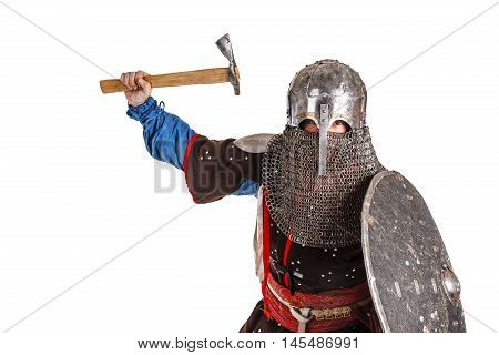 Mongol horde warrior in armour holding traditional axe