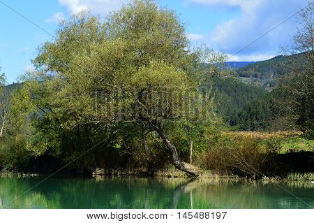 Landscape on Drina. River Drina in Visegrad, Bosni and Herzegovina.