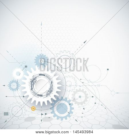 Vector illustration gear wheel and hexagons. Abstract hi-tech technology and engineering background, machine technology, futuristic concept. Vector abstract technology on light gray color background