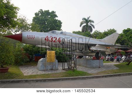 HANOI, VIETNAM - JANUARY 09, 2016: The Soviet MIG-21 (4324 red). Historical landmark