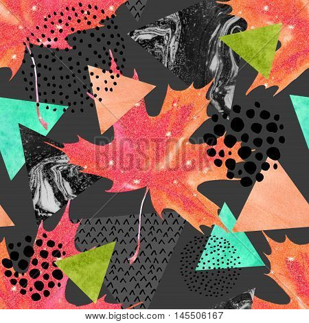 Abstract autumn geometric seamless pattern. Glittering maple leaf triangles with marble grunge textures. Abstract geometric background in retro vintage 80s 90s pop art. Hand drawn fall illustration