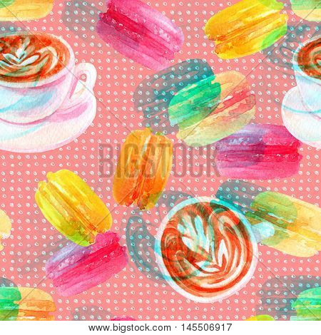 French breakfast seamless pattern. Morning cup of coffee and macaroons on retro styled background. Hand painted watercolor illustration with double color exposure glitch effect