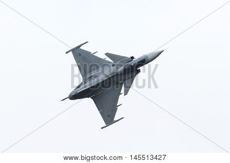 Leeuwarden, The Netherlands-june 10: Modern Tactical Fighter Jet Jas-39 Gripen Performs At The Dutch