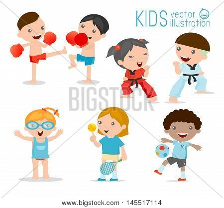 kids and sport, Kids playing various sports on white background , Cartoon kids sports,boxing, football, tennis, Taekwondo, karate, Swimming,Vector illustration
